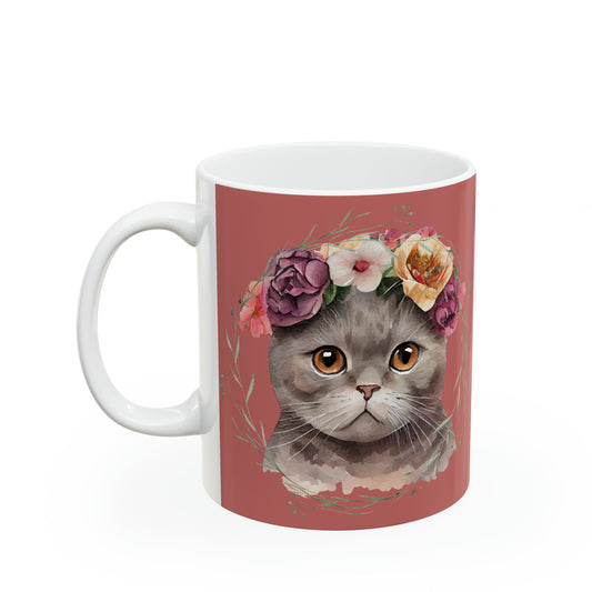 Grey cat on rose color background Ceramic Mug 11oz
