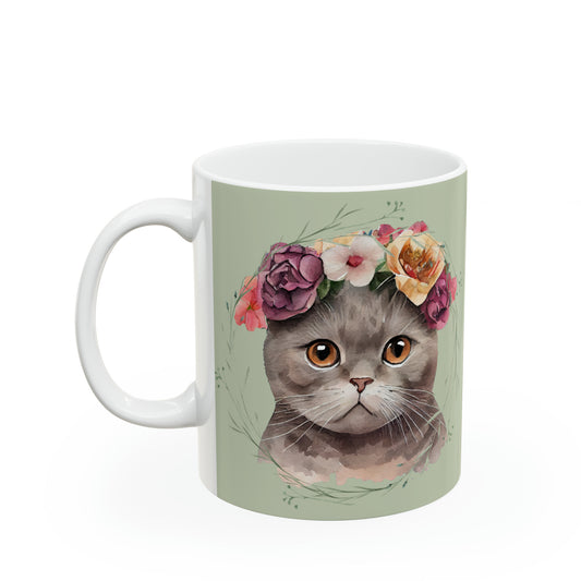Grey cat on green background Ceramic Mug 11oz