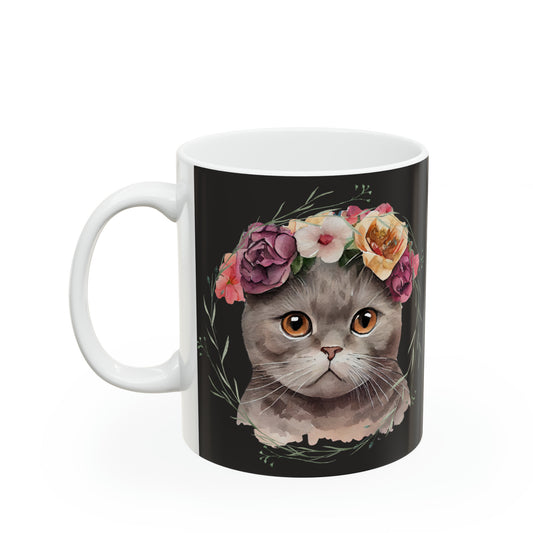 Grey cat on black background Ceramic Mug 11oz